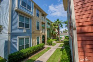 A path between condominium buildings