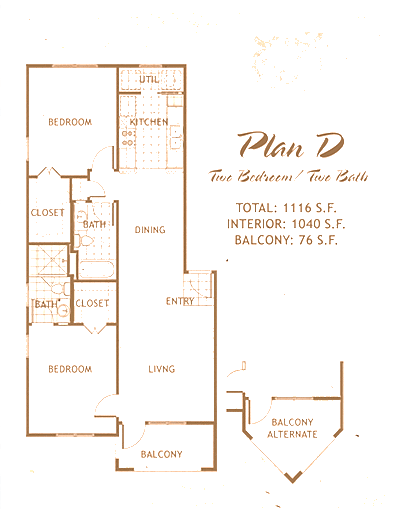 Plan D two bedroom and two bath floor plan of The Dawn Condominiums