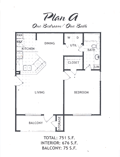 Plan A one bedroom and one bath floor plan of The Dawn Condominiums