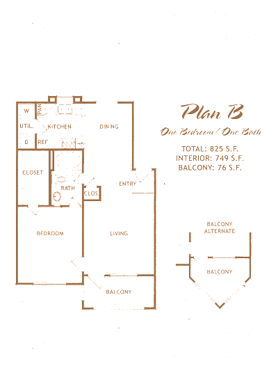 Plan B one bedroom and one bath floor plan of The Dawn Condominiums