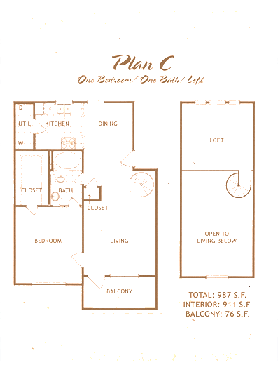 Plan C one bedroom one bath floor plan of The Dawn Condominiums