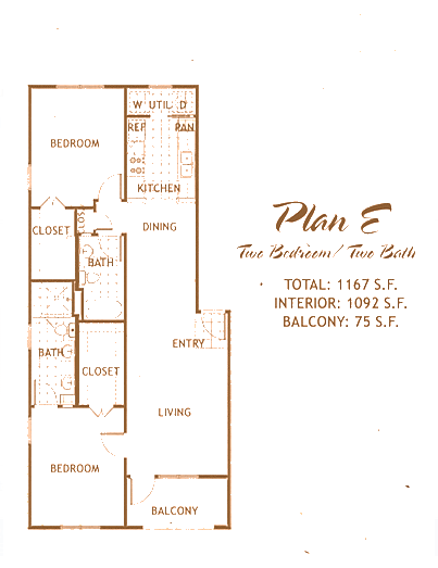 Plan E two bedroom and two bath floor plan of The Dawn Condominiums